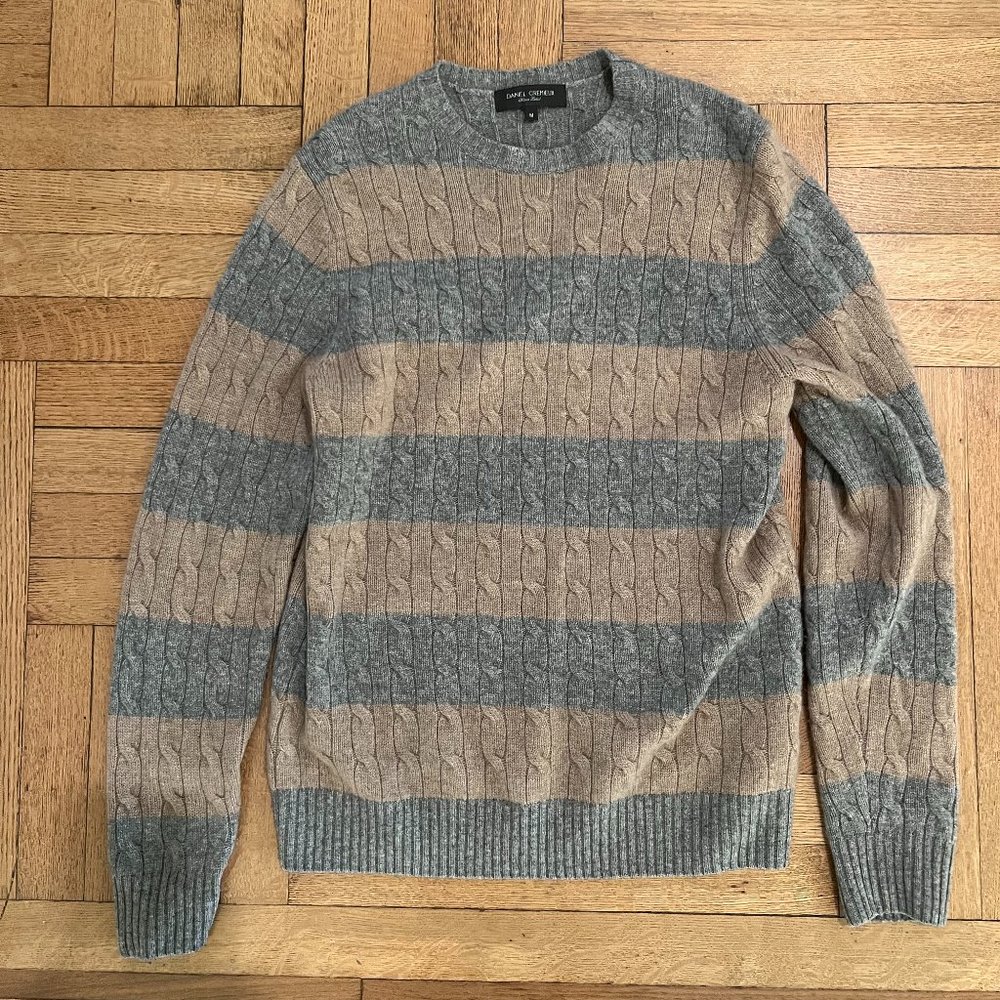 Daniel Cremieux cable knit grey and cream striped cashmere sweater